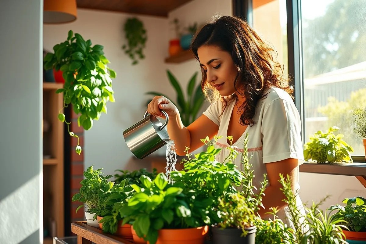 Brasileira regando temperos frescos em horta na janela da cozinha