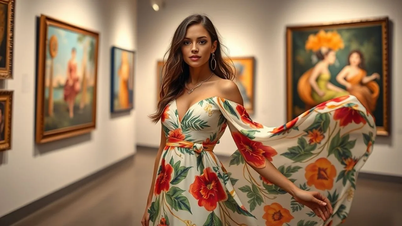 Mulher brasileira com vestido de seda estampado e joias delicadas em exposição de arte.