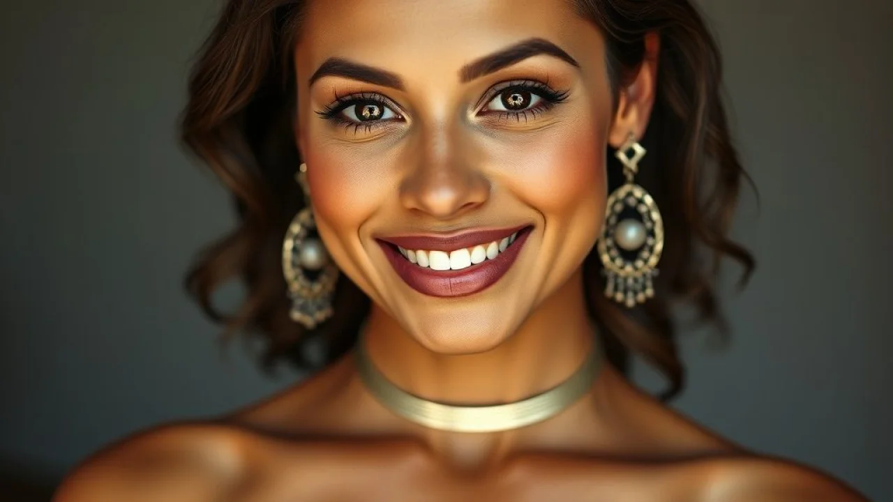 Mulher brasileira com colar longo e brincos estilosos. Acessórios e confiança.