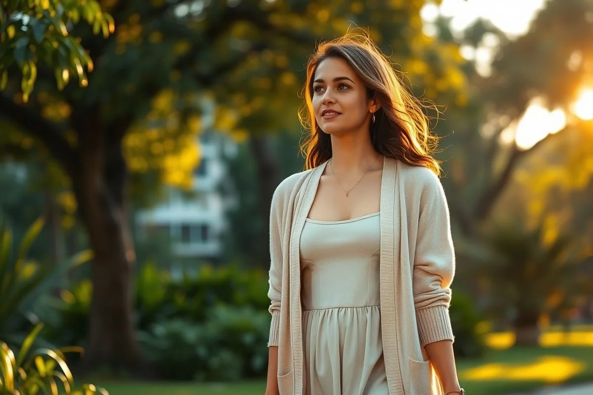 Mulher brasileira com cardigan neutro sobre vestido, look confortável e estiloso para o dia a dia.