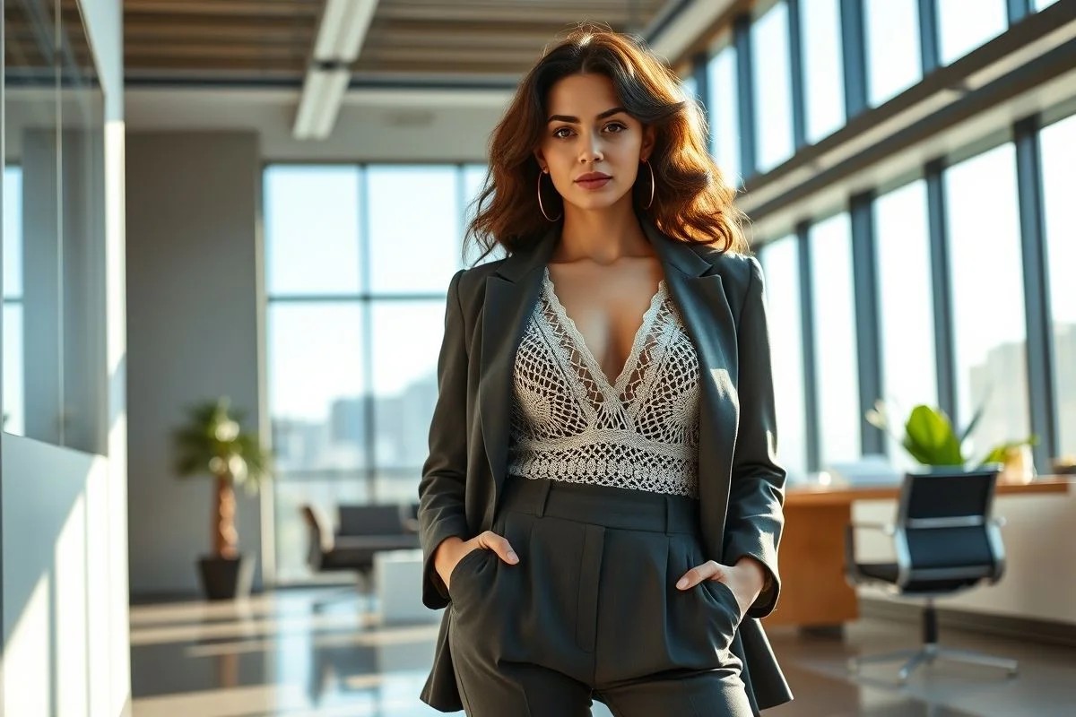 Mulher elegante com top de crochê decotado, calça e blazer.