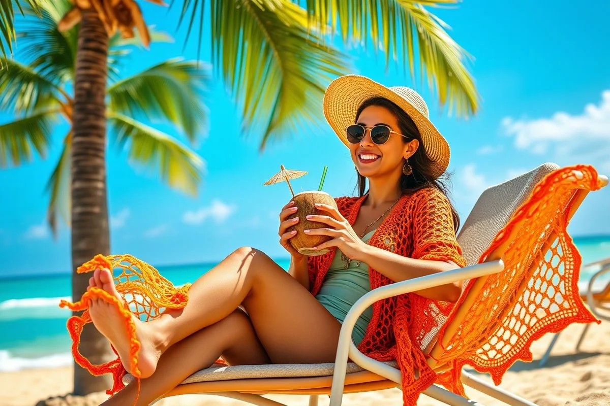 Mulher feliz com saída de praia crochê laranja em Fortaleza, Ceará. Verão brasileiro.