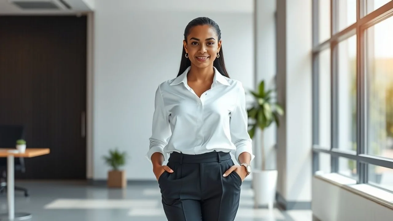 Look profissional: Camisa de cetim branca e calça de alfaiataria