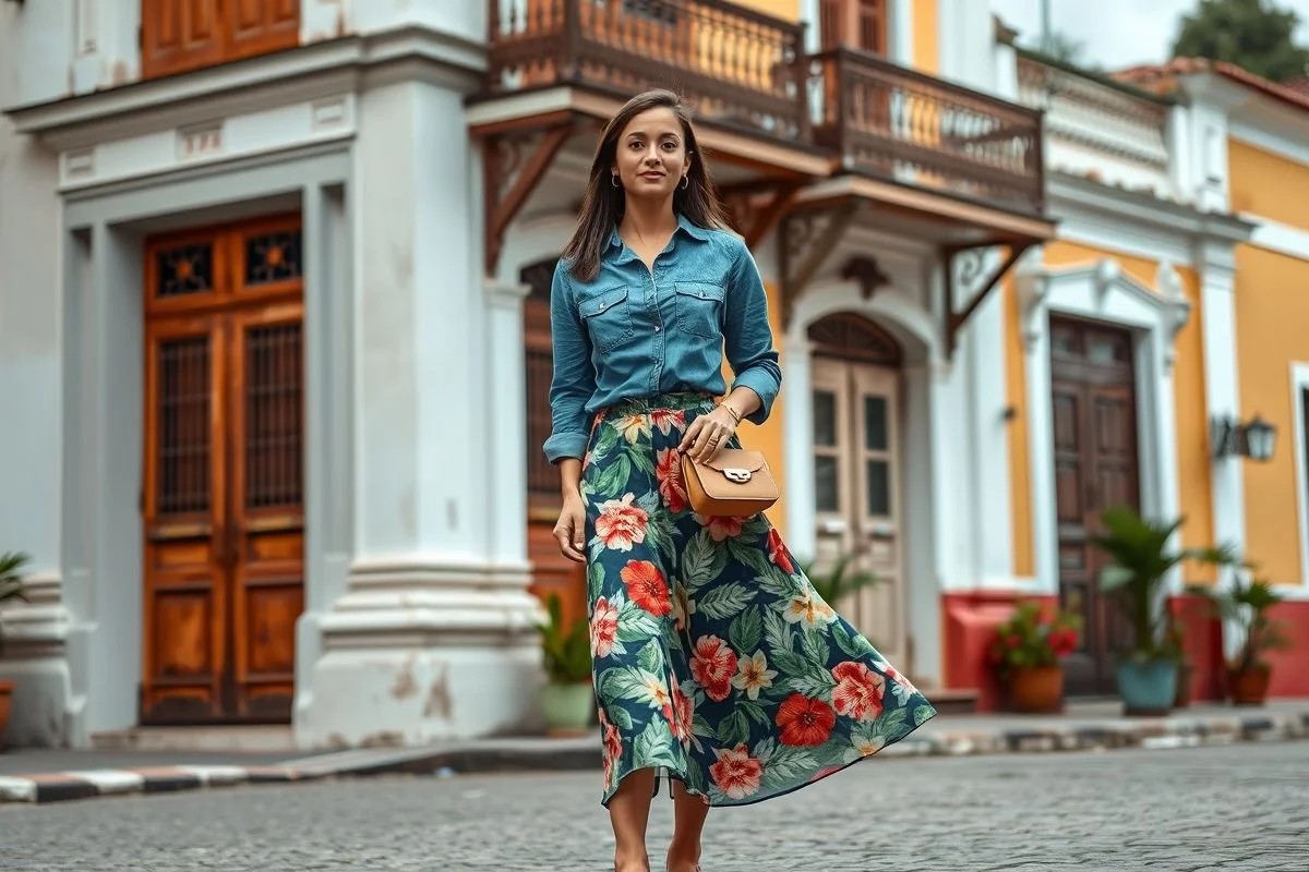 Look elegante: camisa jeans com saia midi e salto baixo em Paraty.