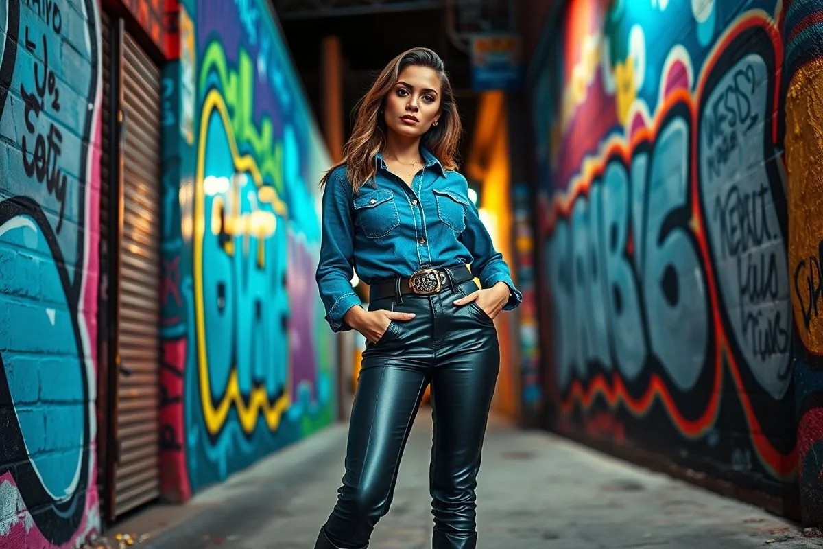 Look moderno: camisa jeans com calça de couro e bota em São Paulo.