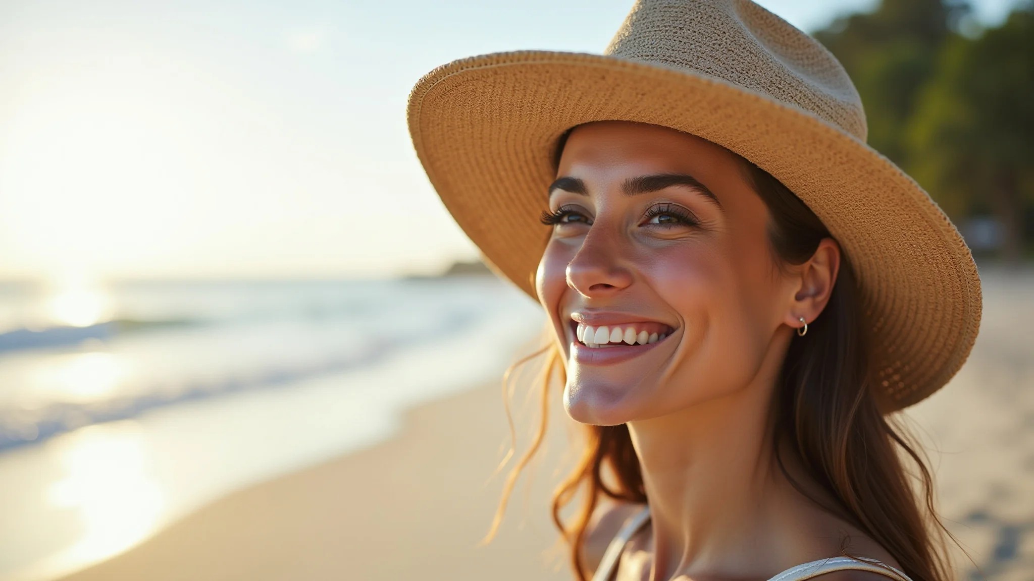 Mulher brasileira sorrindo na praia usando um chapéu fedora estiloso.