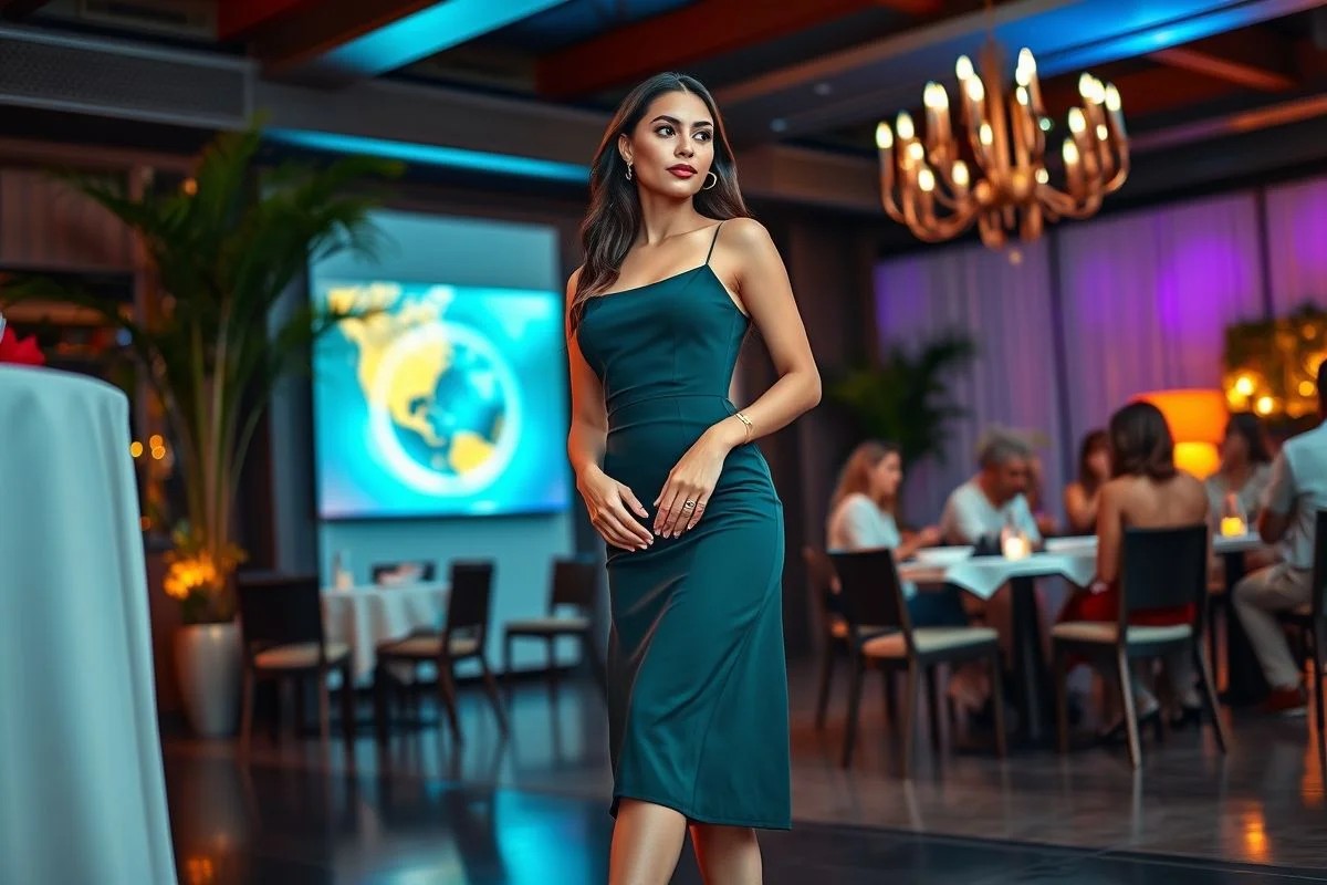 Look elegante com sapatilha e vestido midi em evento no Brasil.