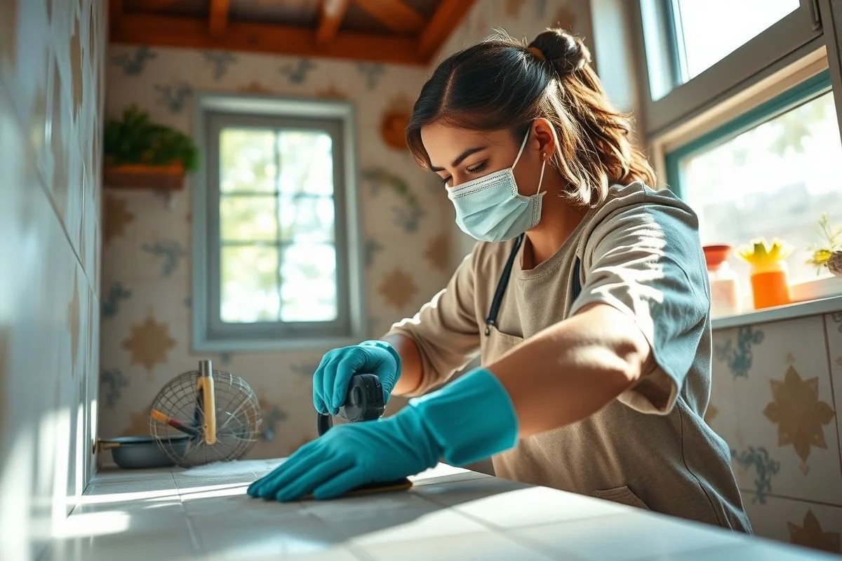 Brasileira lixando azulejos do banheiro antes da pintura.
