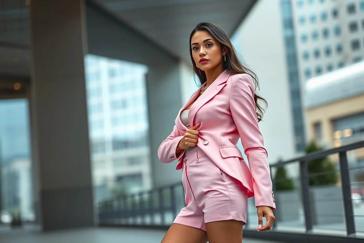 Brasileira com shorts de alfaiataria e blazer rosa monocromático em cenário urbano moderno.