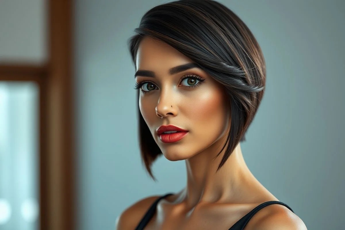 Mulher brasileira com rosto redondo e long bob assimétrico.