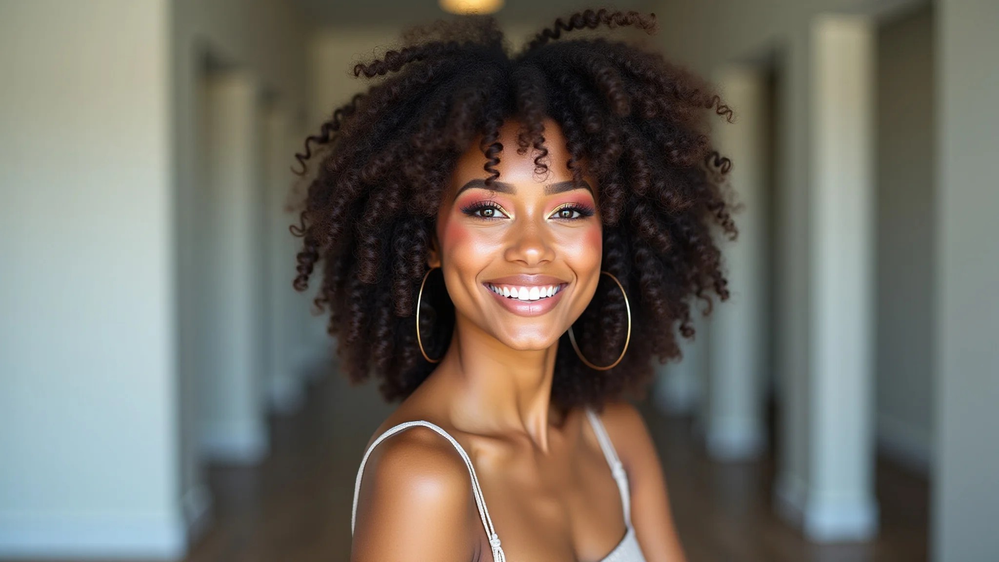 Brasileira com cabelo afro, maquiagem moderna para formatura, cores vibrantes.