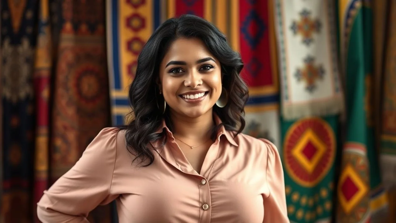Mulher brasileira sorrindo, ombros largos, blusa bem ajustada. Moda e autoaceitação.
