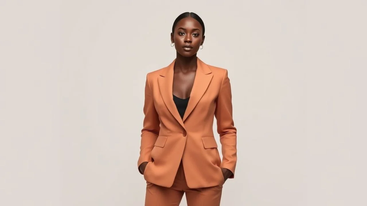 Mulher brasileira usando blazer alongado, criando linha vertical e alongando a silhueta.