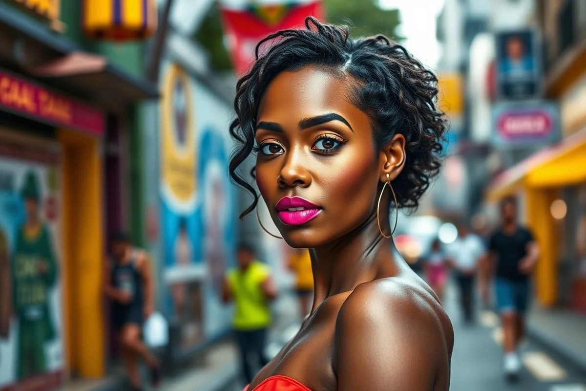 Mulher negra brasileira com batom fúcsia. São Paulo ao fundo. Estilo de vida, confiança.