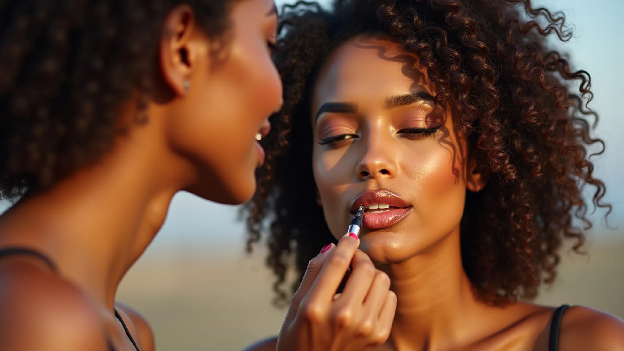 Mulher brasileira maquiando os olhos e lábios, iluminação dourada.