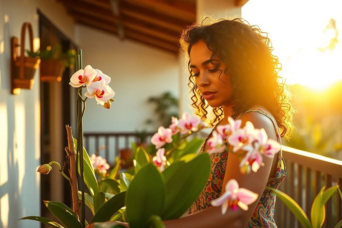 Brasileira observando sua coleção de orquídeas em uma varanda ensolarada.