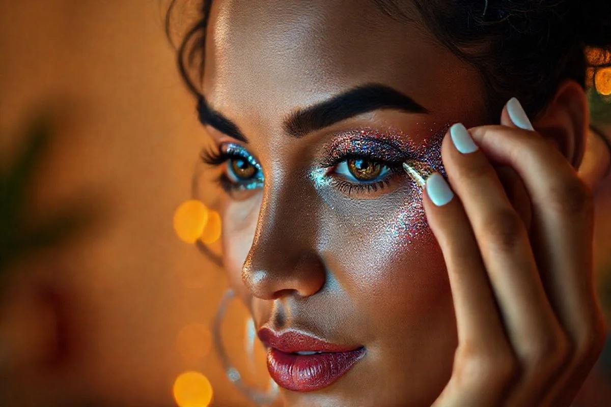 Esfumado com sombra líquida glitterinada, pincel de esfumar.