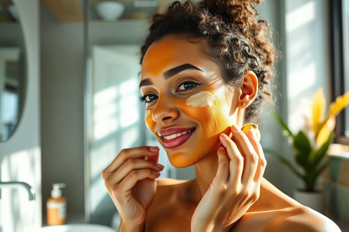Mulher brasileira aplicando máscara de casca de banana no rosto.