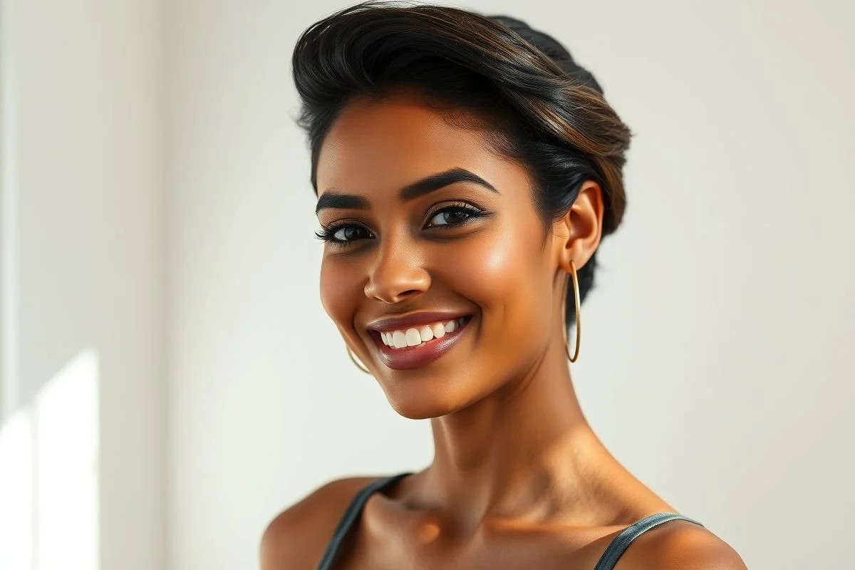 Mulher brasileira sorrindo com penteado fácil e elegante para o dia a dia