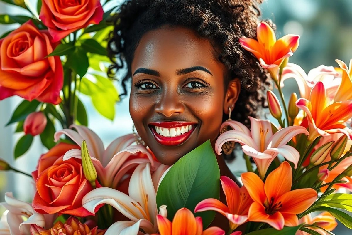 Brasileira sorrindo com buquê floral. Confiança e alegria do perfume ideal.