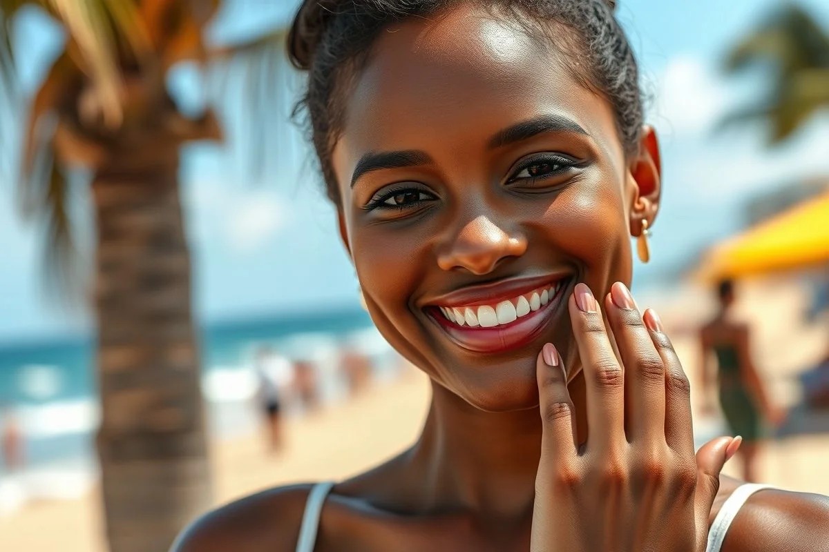 Brasileira sorrindo com unhas rose gold perfeitas. Beleza e confiança.