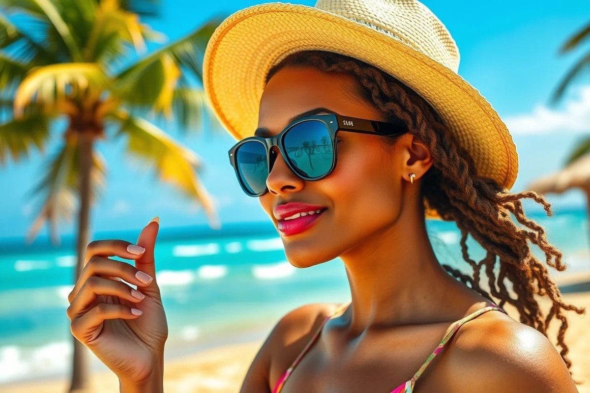 Mulher brasileira se protegendo do sol com óculos, chapéu e protetor.
