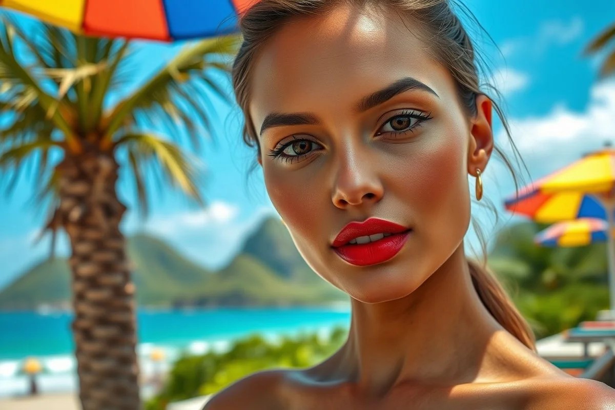 Mulher brasileira com pele impecável e batom vermelho. Beleza clássica, maquiagem sensual.