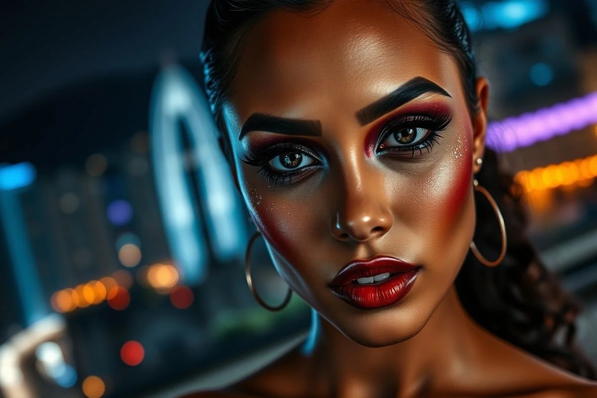 Mulher brasileira com maquiagem glamourosa para a noite. Brilho, ousadia e beleza marcante.