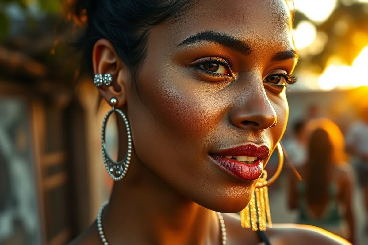 Mulher brasileira com brincos: argola, ear cuff e brinco de franja.
