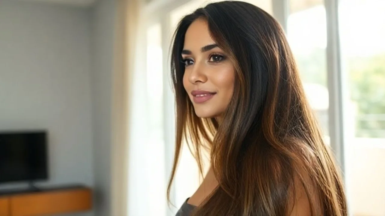 Mulher brasileira com cabelo longo, saudável e brilhante.