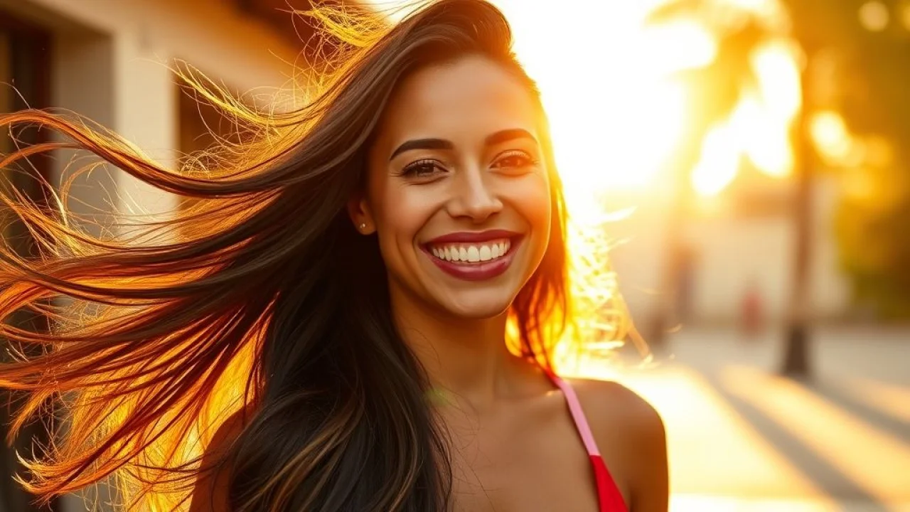 Mulher brasileira sorrindo com cabelo longo e saudável, resultado da biotina