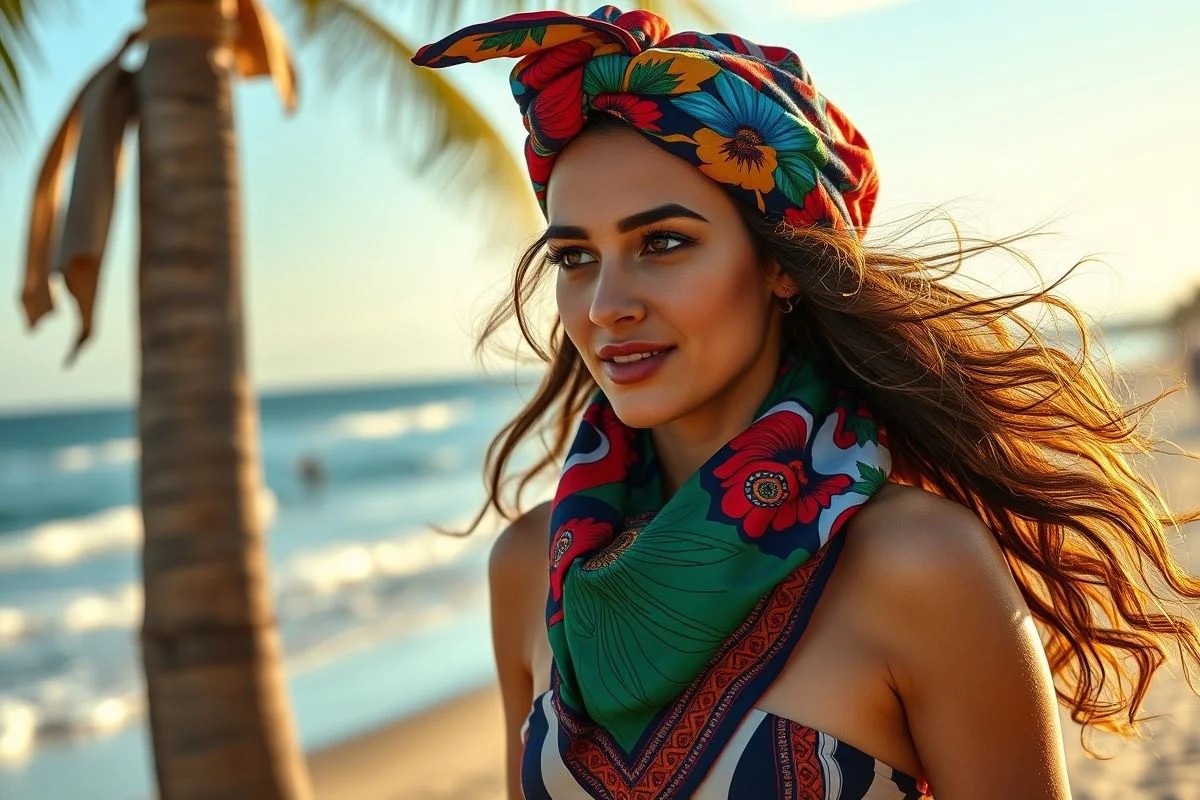 Lenço de seda estampado: Acessório versátil para usar como turbante.