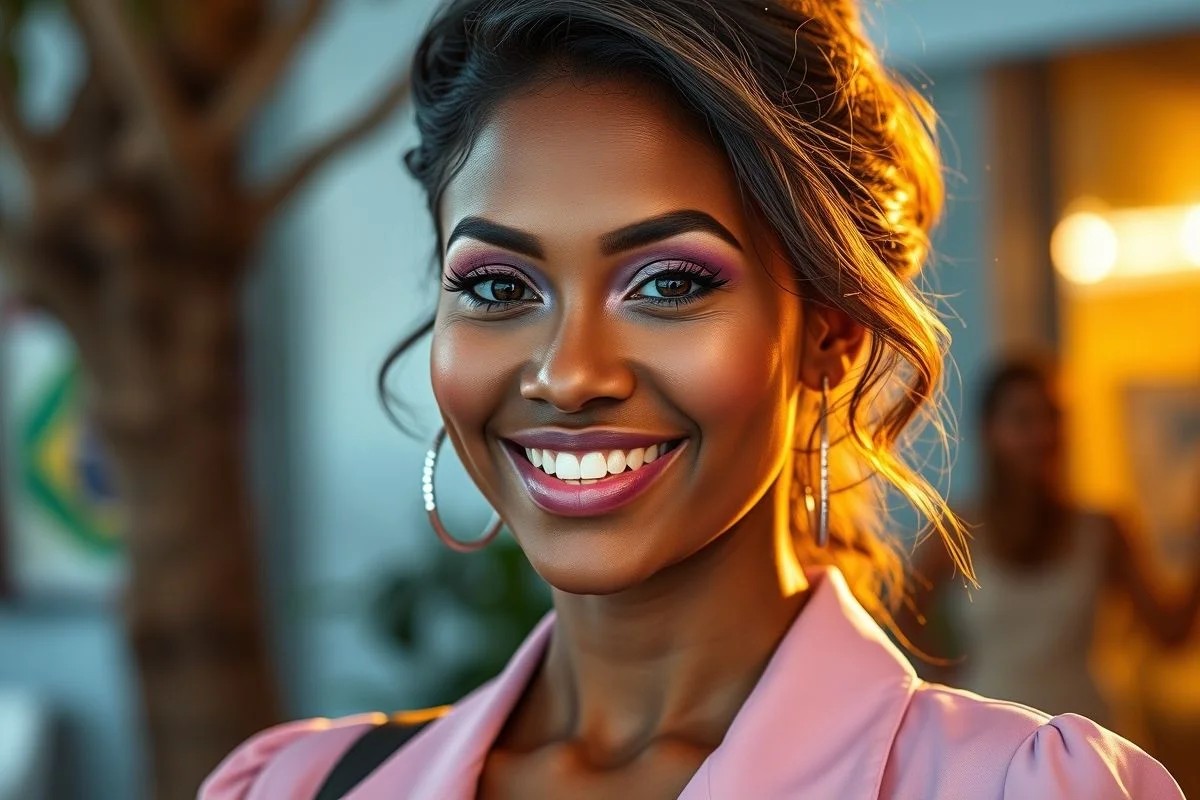 Maquiagem lilás combinada com roupa rosa. Sorriso radiante.