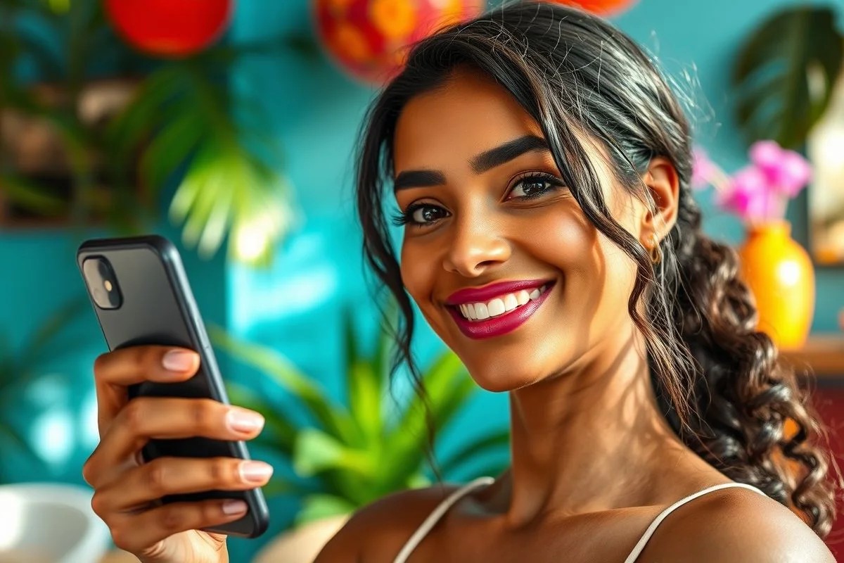 Mulher brasileira testando batom malva com app de maquiagem