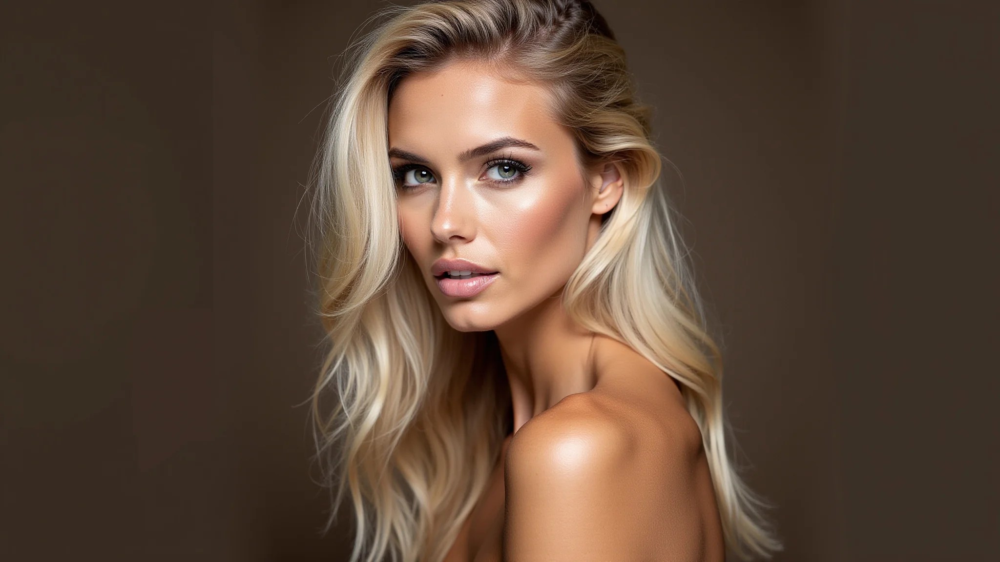 Mulher brasileira com cabelo loiro impecável.
