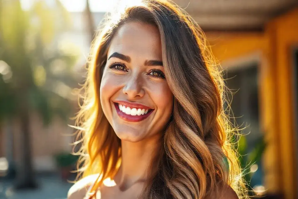 Mulher brasileira sorrindo com cabelo saudável e brilhante após botox capilar.
