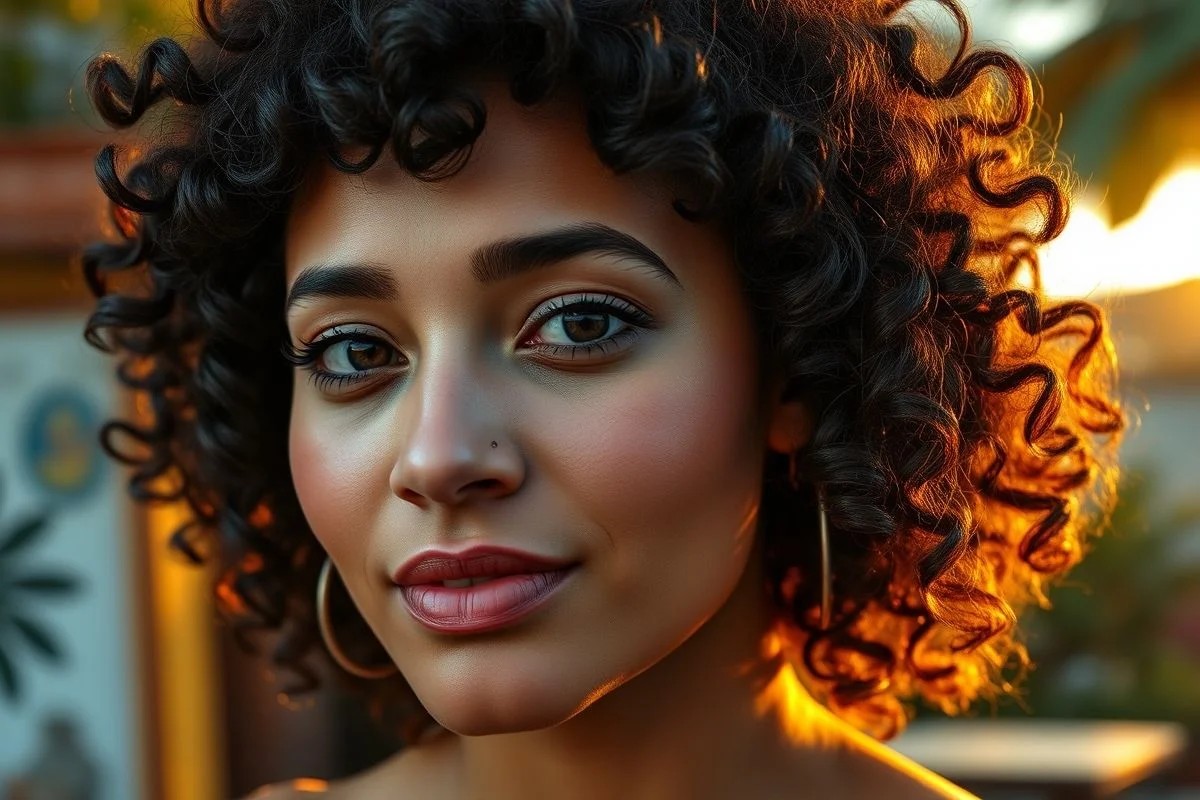 Mulher brasileira com cachos e camadas, corte que valoriza rosto redondo.