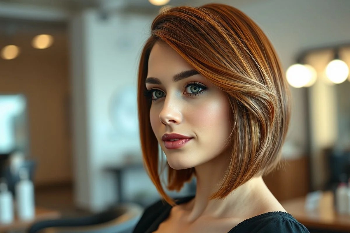 Mulher brasileira com long bob assimétrico, corte ideal para rosto redondo.