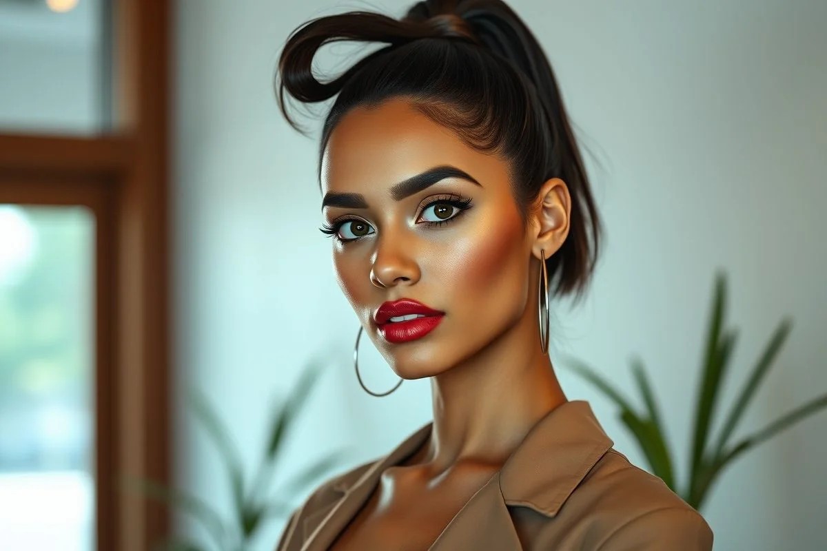 Mulher brasileira com rabo de cavalo alto, penteado que alonga o rosto.