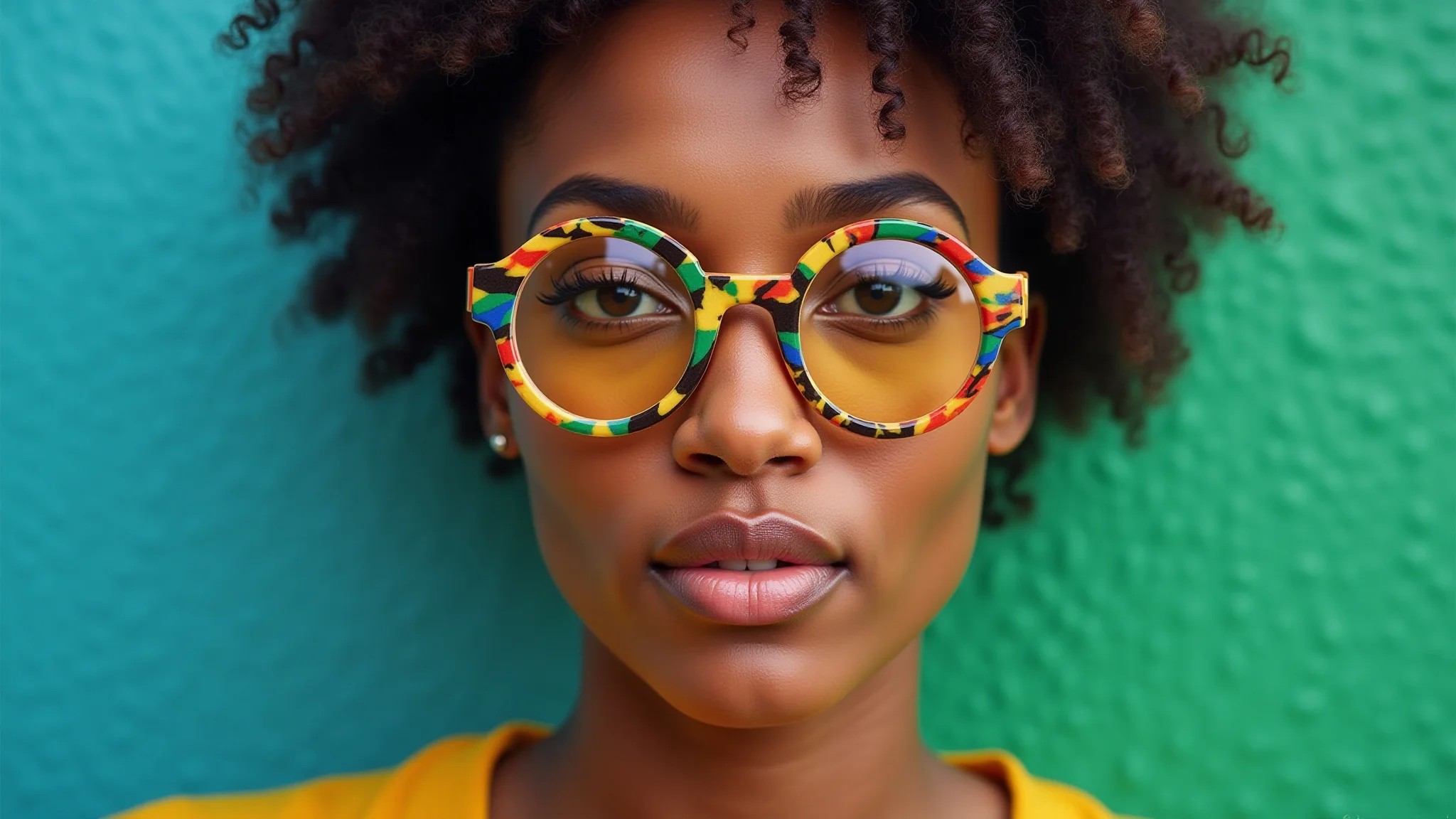 Mulher brasileira de rosto redondo usando óculos geométricos coloridos.