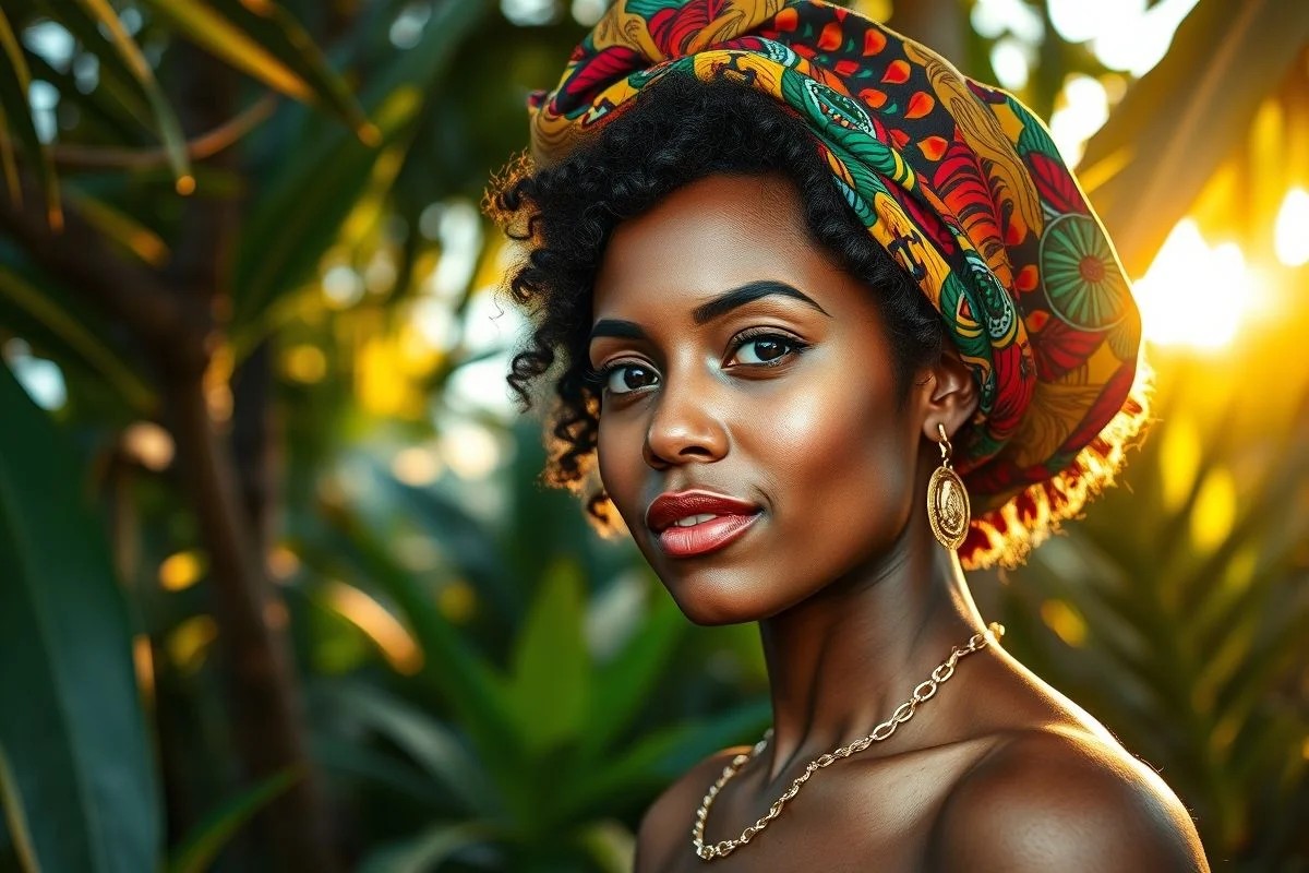 Brasileira com cabelo curto cacheado e lenço colorido. Acessório charmoso para dias de calor e penteado estiloso.
