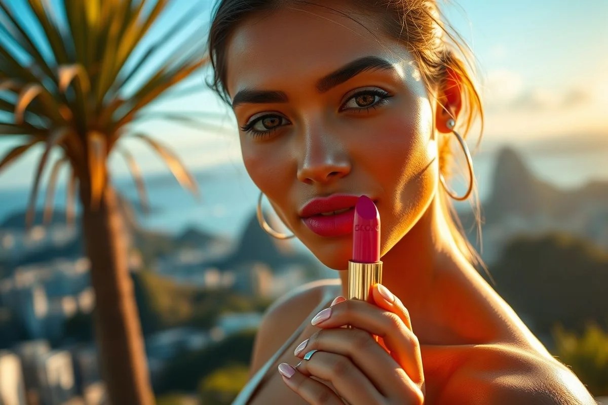 Brasileira com batom rosa coral. Rio de Janeiro ao fundo. Estilo de vida, luz dourada.