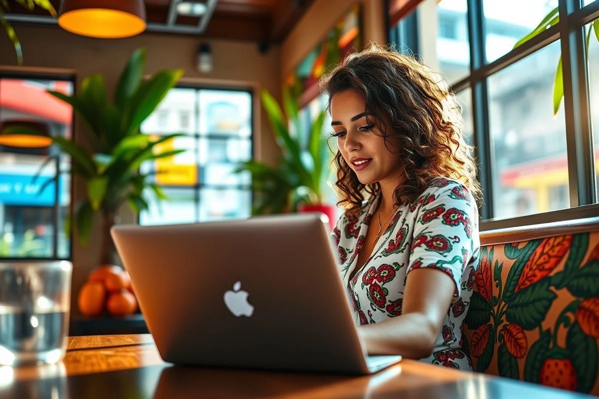 Consultora de marketing digital brasileira trabalhando em café no Rio.