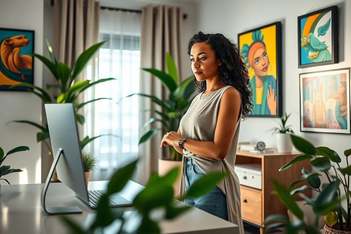Brasileira trabalhando em mesa ajustável em home office.