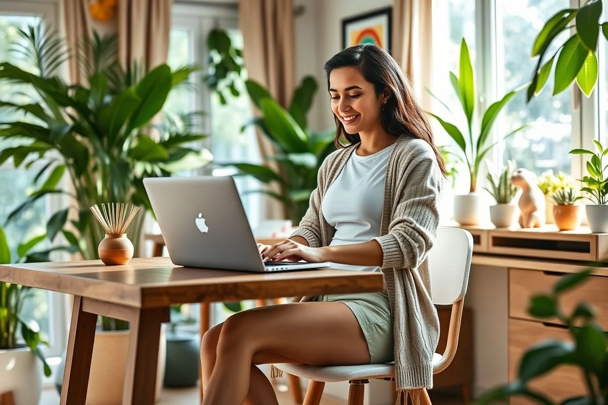 Brasileira trabalhando em casa com shorts de alfaiataria, camiseta e cardigan, confortável e estilosa.