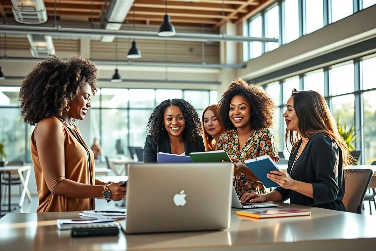 Mulheres brasileiras diversas colaborando em projeto em coworking moderno e iluminado.