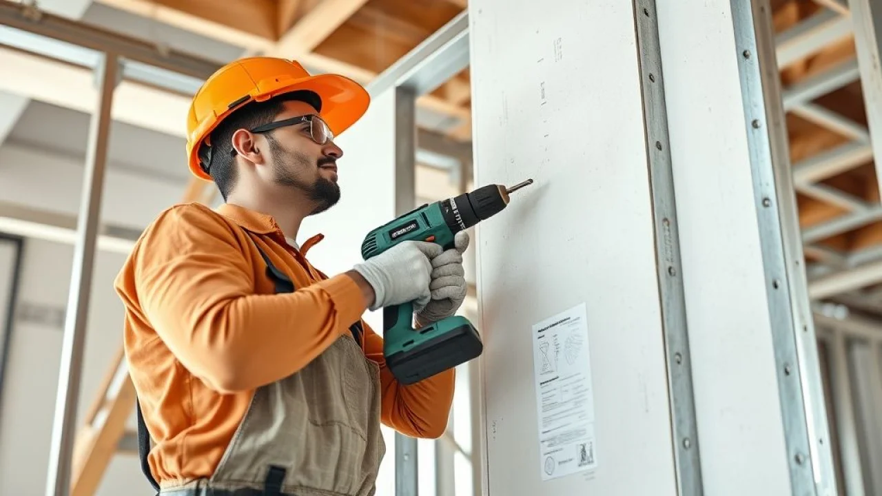 Instalador de drywall fixando placa em estrutura de aço, obra no Brasil.