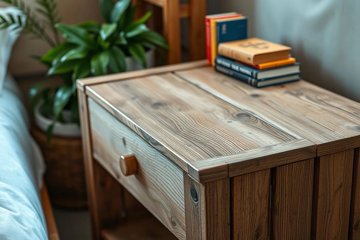 Mesa de cabeceira rústica feita de caixotes de madeira em quarto.