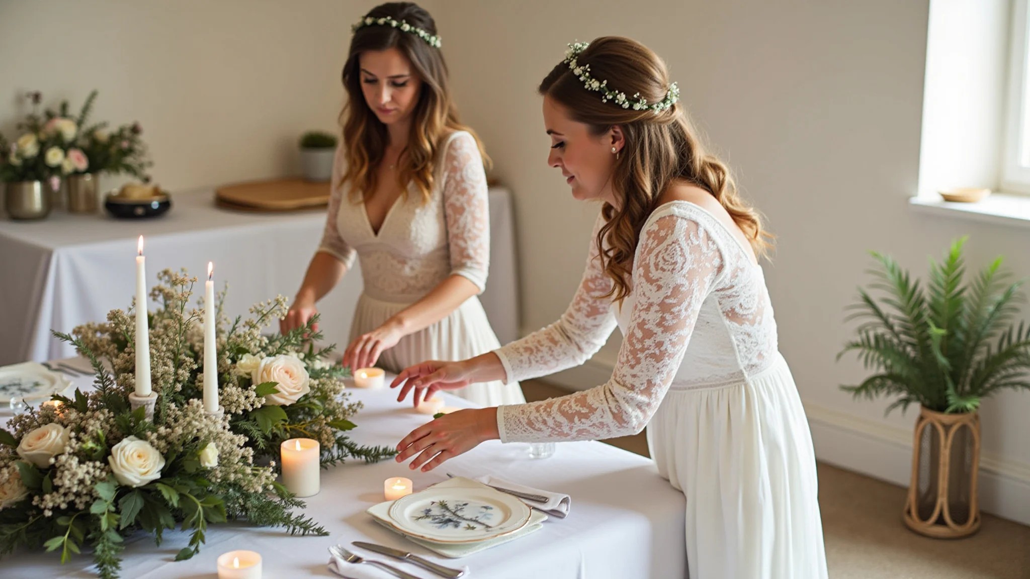 Noiva arrumando decorações de casamento simples com flores e velas.