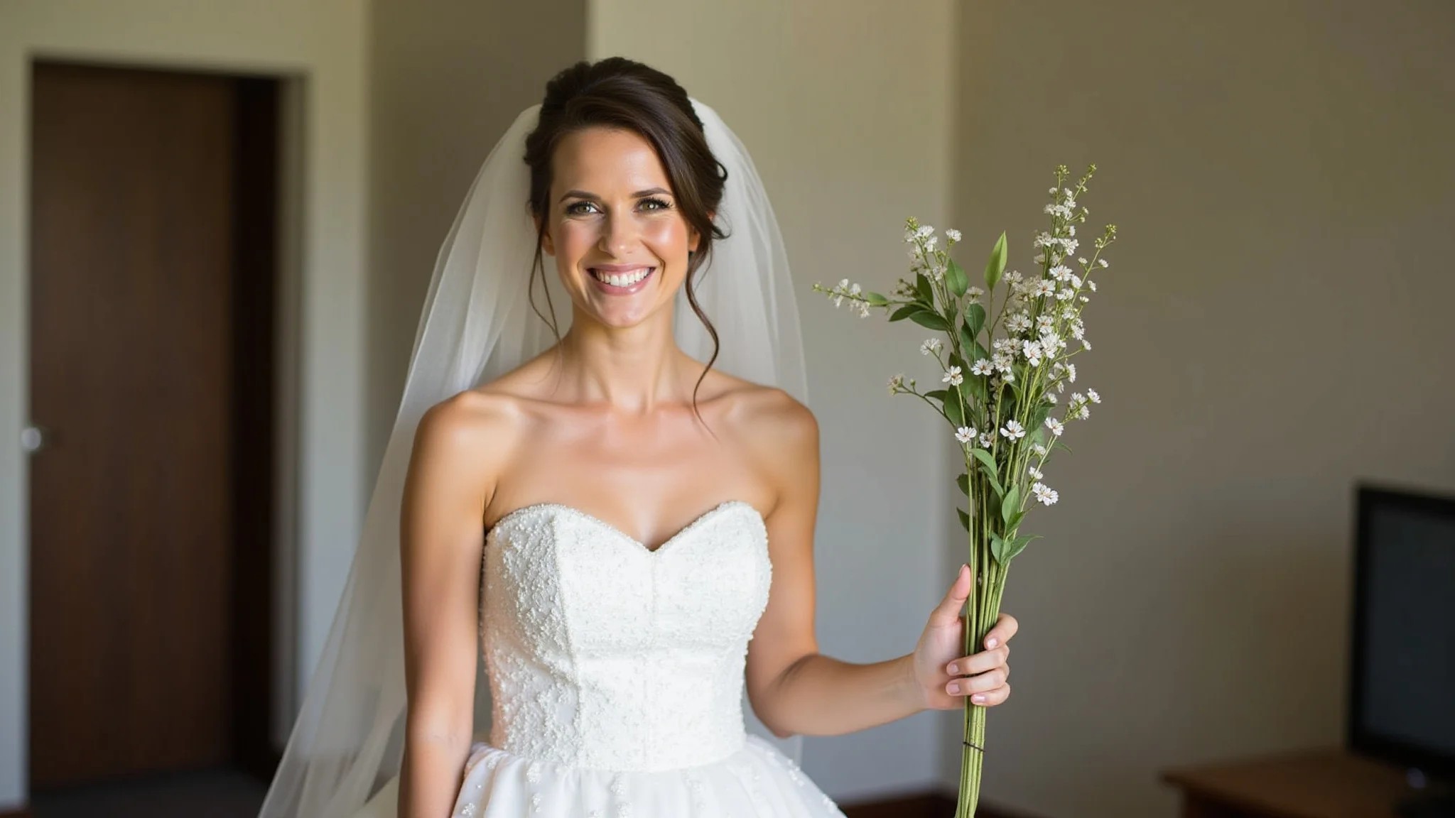 Noiva sorrindo em vestido evasê curto para cerimônia civil, luz natural.